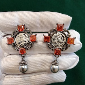 Vintage Gothic Style Coin Earrings with Red Gemstones and Pearl Drop, Baroque Roman Cameo Earrings