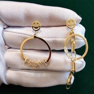 Vintage Asymmetrical Smiley Face Earrings, Happy Statement Dangle Earrings with Crystals and Chain, Funky Fun Jewelry, Unique Gift for Her