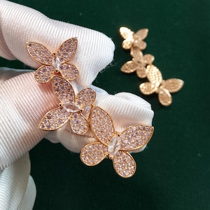 Vintage Gold Tone Flower Drop Earrings, Gold Butterfly Dangle Earrings, Sparkling CZ Statement Earrings, Luxury Fine Jewellery