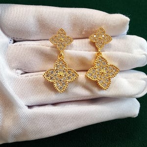 Vintage Gold Tone Flower Drop Earrings, Four Petal Dangle Earrings with Cubic Zirconia, Elegant Statement Jewelry for Women