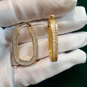 Vintage Elegant Pill Shape, Capsule shape Gold Colour Hoop Earrings with Sparkling Cubic Zirconia, Statement Jewelry for Women