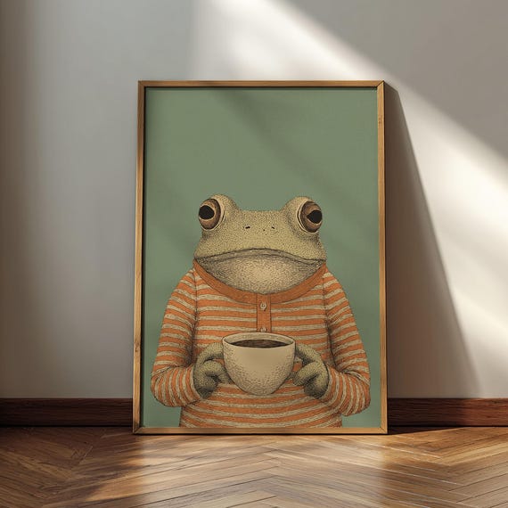 Frog in Pajamas with Coffee Poster: Whimsical Animal Print