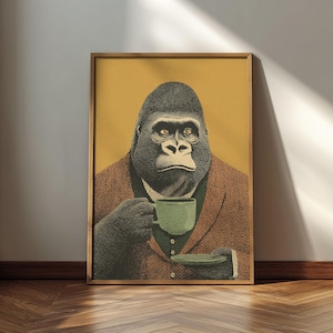 Gorilla Drinking Coffee Poster: Anthropomorphic Animal Print