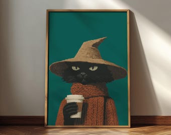 May include: A framed wall art print featuring a black cat wearing a tan pointed hat and a thick, textured, burnt orange knit sweater. The cat is holding a white disposable coffee cup with a brown sleeve against a solid dark teal background.