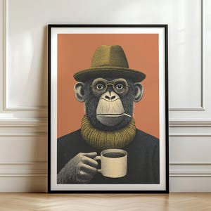 Dapper Chimpanzee with Coffee Poster: Retro Animal Wall Art Print