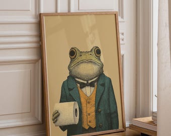 May include: Framed art print featuring a frog dressed in a suit, holding a roll of toilet paper. The frog has large eyes and is wearing a dark green jacket, a yellow vest, and a black bow tie. The background is a light tan color.