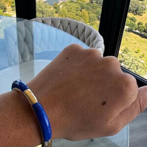 Vintage 14K Yellow Gold Lapis Lazuli Hinge Bangle Bracelet Mid Century Modernist c1950s