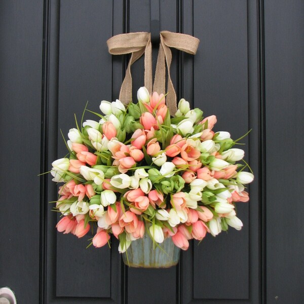 Tulip Buckets for Front Door, Spring Tulip Wreaths