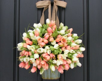 Tulip Buckets for Front Door, Spring Tulip Wreaths