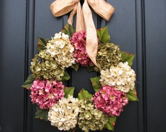 Summer Wreaths for Front Door, Pink, Green and Cream Hydrangea Wreaths