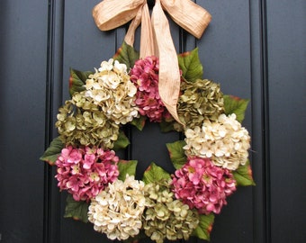 Spring Wreaths for Front Door, Pink, Green and Cream Hydrangea Wreaths