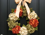 Fall Orange, Cream and Green Hydrangea Front Door Wreath