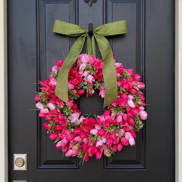 Pink Tulip & Boxwood Wreath, Spring Door Decor, Mother's Day Gift