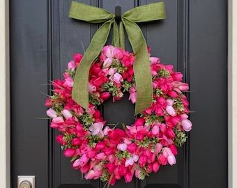 Springtime Pink Tulip & Boxwood Wreath, Hot Pink Tulip Wreath, Spring Tulip Wreaths, Mother's Day Gifts, Tulip Door Wreath, Spring Door