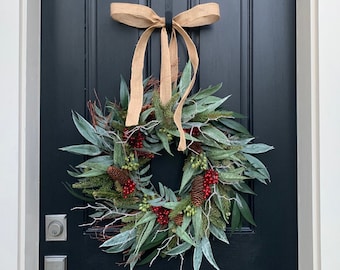 WREATH SALE Farmhouse Wreath with Pine, Bayleaf, Red Berries and Burlap, Winter Forest Wreath