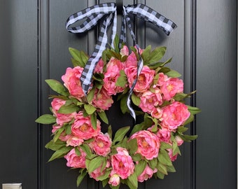 Pink Peony Wreath for Summer, Front Door Wreaths, Pink Peony Door Hanger