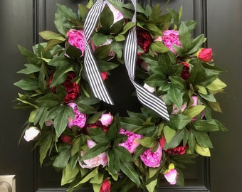 Spring Peony Wreath | Front Door Peony Wreaths with Red and Pink Peonies