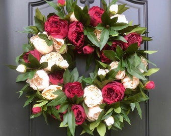 Red and Cream Peony Wreath, BEST SELLER Christmas Wreath, Winter Wreaths for Front Door, Twoinspireyou, Etsy Winter Wreaths, Holiday Wreaths