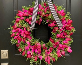Purple and Pink Tulip Wreath, Spring Front Door Tulip Wreath