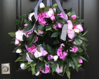 Front Door Spring Wreaths, Peony Spring Door Wreaths, Pink Peony Wreaths, Summer Peony Front Door Wreath