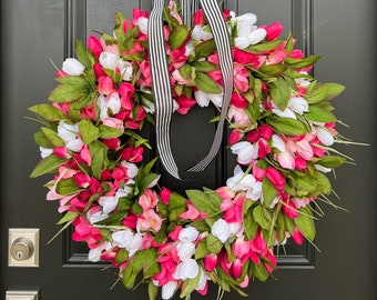 Spring Tulip Wreaths, NEW Pink Tulip Wreath for Spring with Black and White Ribbon