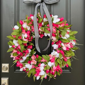 Spring Tulip Wreaths, NEW Pink Tulip Wreath for Spring with Black and White Ribbon image 1