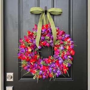 Berry Jam Vibrant Tulip Wreath, Spring Front Door Hanger, Gift for Mom image 1