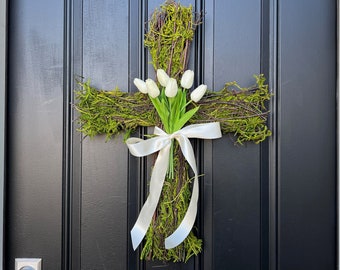 Easter Cross for Front Door, Cross Wreath, Easter Decor, Tulips for Easter, Front Door Wreath, Cream Natural Touch Flowers