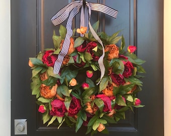 Fall Peony Door Wreath: Red & Coffee Floral Decor