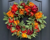 Fall Wreath for Front Door, Vibrant Fall Peony Wreath for Front Door