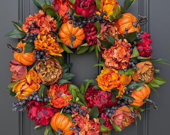 Fall Pumpkin Hydrangea Wreath - Thanksgiving Door Decor