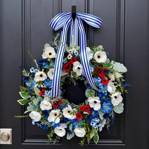 Patriotic Summer Floral Wreath - Red, White, and Blue Decor