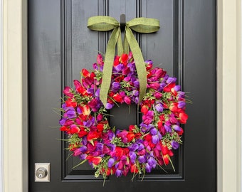 Berry Jam Vibrant Tulip Wreath, Spring Front Door Hanger, Gift for Mom