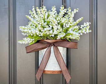 Bucket with Lily of the Valley, Metal Door Pocket with Flowers, Flower Basket Wreath for Door, Best Gifts for Women