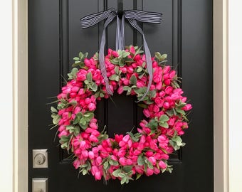 Hot Pink Tulip Wreath, Spring Tulip Wreaths, Mother's Day Gifts, Tulip Door Wreath, Spring Door Wreaths, Mint Wreath