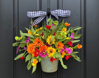 Colorful Daisy Bucket Wreath, Bucket full of Sunshine, Hope and Happiness Floral Container