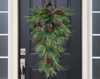 Christmas Teardrop Swag with Pine and Pinecones, Holiday Winter Door Hanging