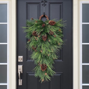 Christmas Teardrop Swag with Pine and Pinecones, Holiday Winter Door Hanging