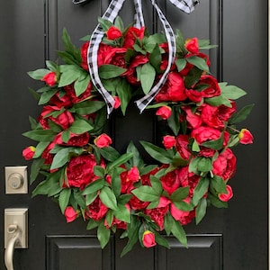 Red Peony Door Wreaths, Christmas Red Peony Wreath, Christmas Door Hangings, Red Door Wreaths