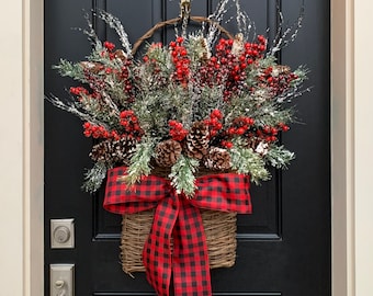 Christmas Door Baskets, Baskets, Snowy Pinecone, Red Berry and Pine Holiday Decor with Buffalo Pattern Ribbon