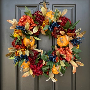 Autumn Harvest Wreath with Hydrangeas, Peonies, Pumpkins and Blueberries, Front Door Wreaths for Fall