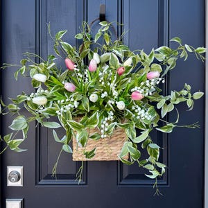 Tulip & Lily Basket Wreath - Spring Door Decor with Cascading Ivy