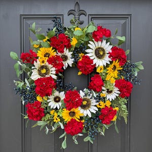 Sunflower & Geranium Summer Wreath, Farmhouse Front Door Decor