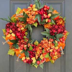 Autumn Sunset Wreath with Orange Pumpkins, Fall Hydrangea and Peony Wreath with Pumpkins