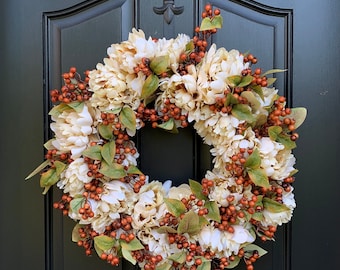 Fall Peony Wreath: Cream Flowers and Rust Berries, Autumn Door Decor