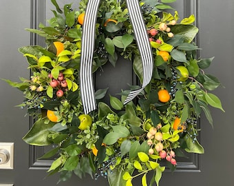 Front Door Spring Blueberry and Orange Wreath, Summer Wreaths with Oranges, Boxwood Decor, Magnolia Door Hanger