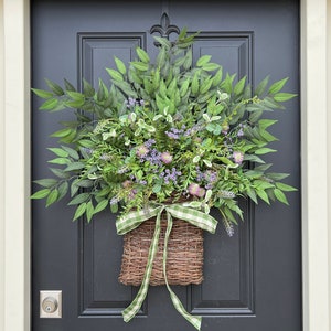 READY TO SHIP, Spring Cottage Door Basket Wreath, Purple Wildflowers Bouquet for Front Door, Handcrafted by Twoinspireyou