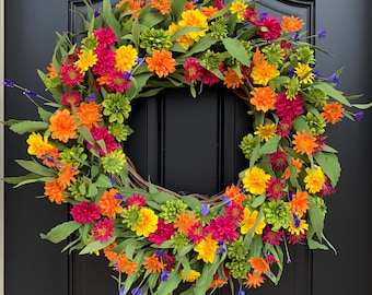 Summer Wreath, Multi Colored Daisy Wreath for Front Door