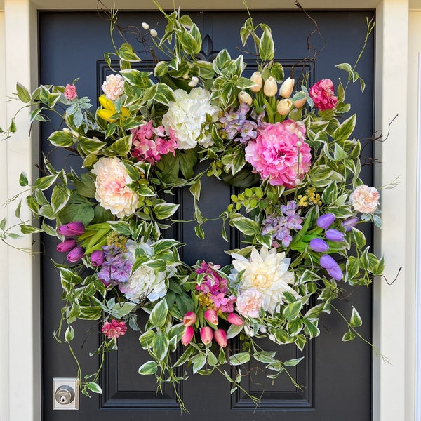 NEW Mother's Day Wreath, Front Door Tulip Wreath, Front Porch Wreaths, Easter Door Wreaths,Mother's Day Gifts