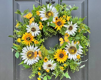 READY TO SHIP, Sunflower Door Wreath, Twoinspireyou, Butterfly Garden Wreath, Summer Wreath for Door, Monarch Butterflies